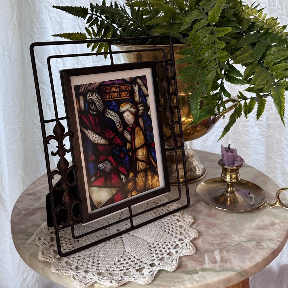 Medieval Gothic Stained Glass Print in Wrought Iron Fleur de Lys Picture Frame